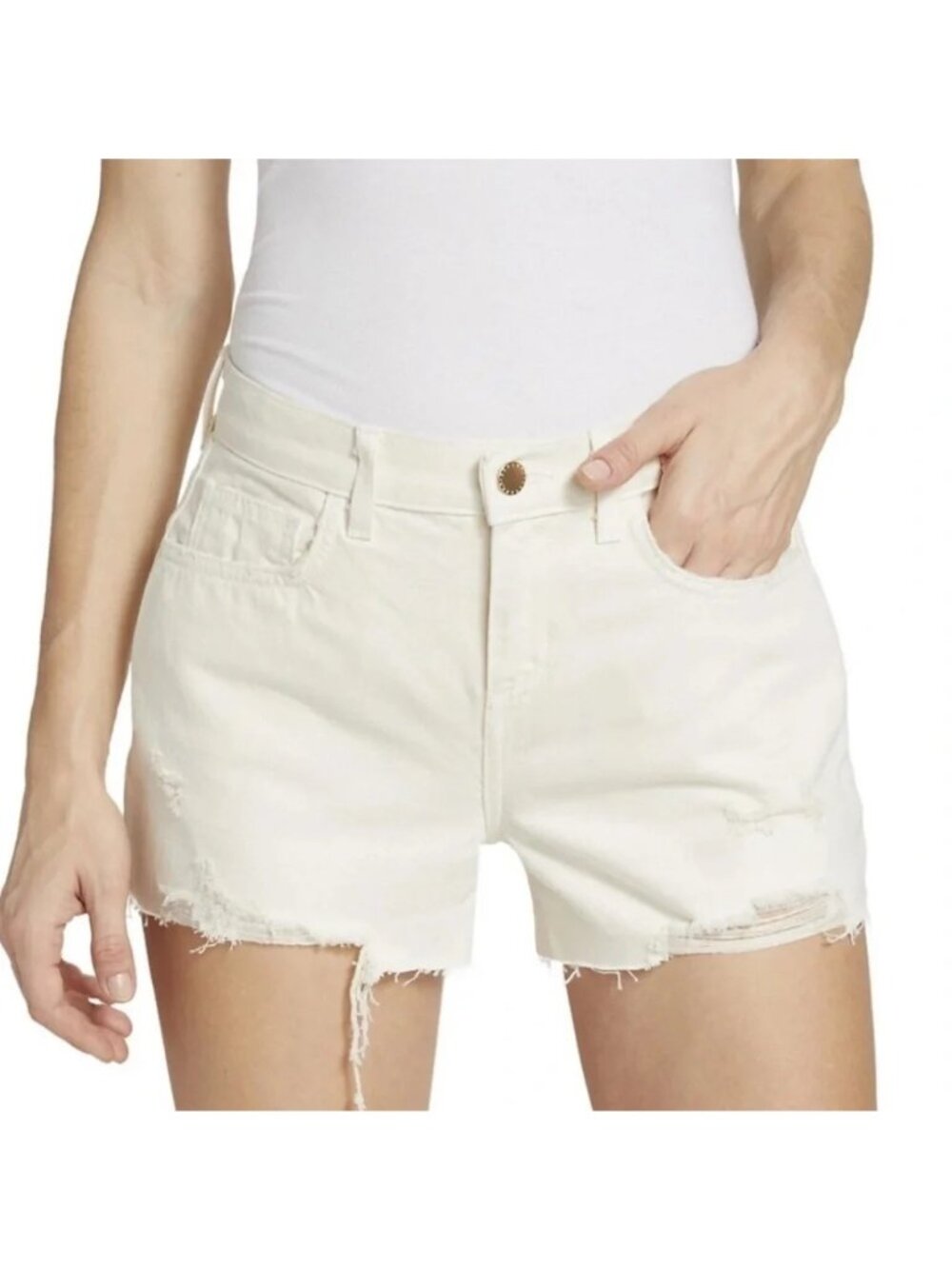 NWOT L'Agence Audrey Ivory Cream Distressed Destruct Mid-Rise Denim Shorts Sz 28